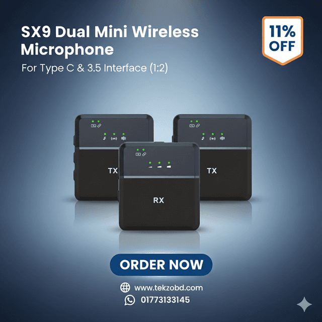 SX9 Dual Mini Wireless Microphone – Type-C & 3.5mm Interface (1:2) | Clear HD Audio for Vlogging, Live & Interview